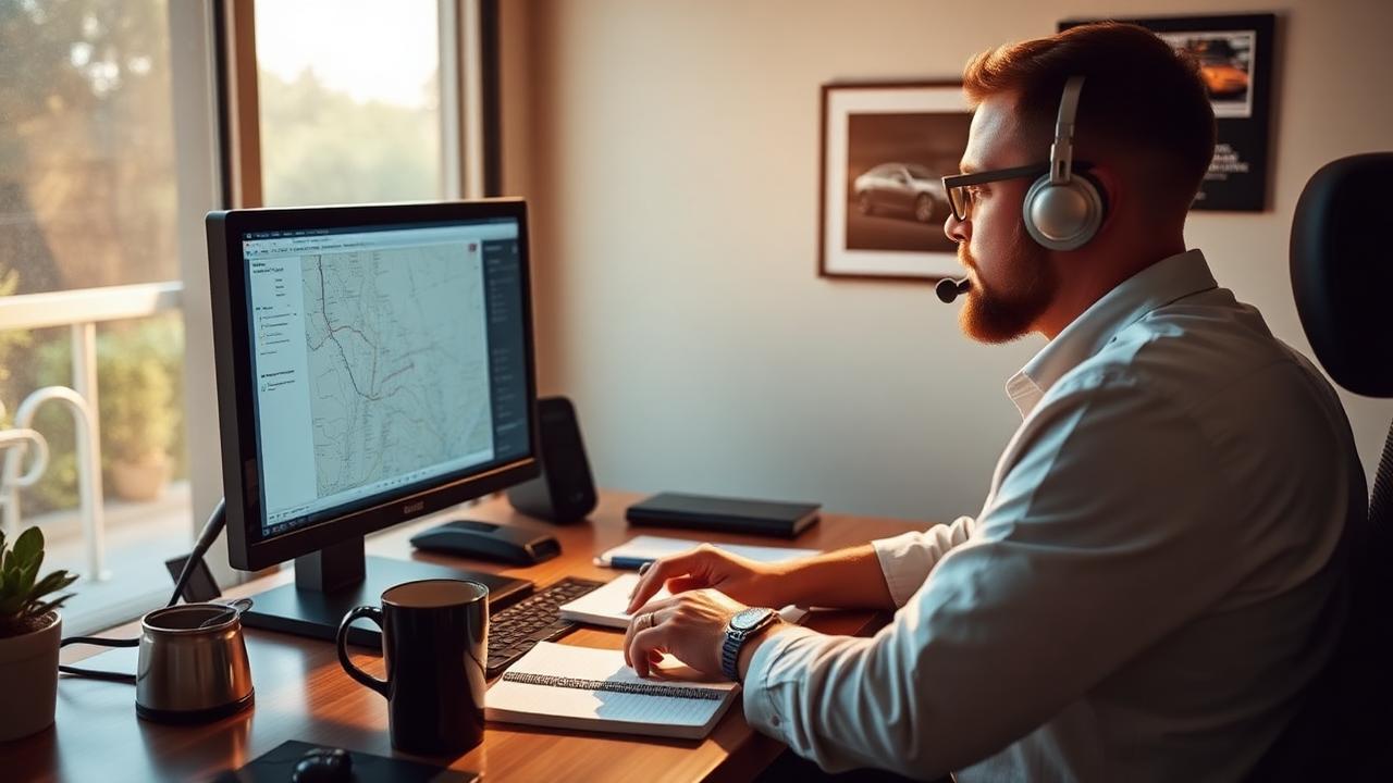 Owner-operator dispatcher at home office desk with single monitor and coffee