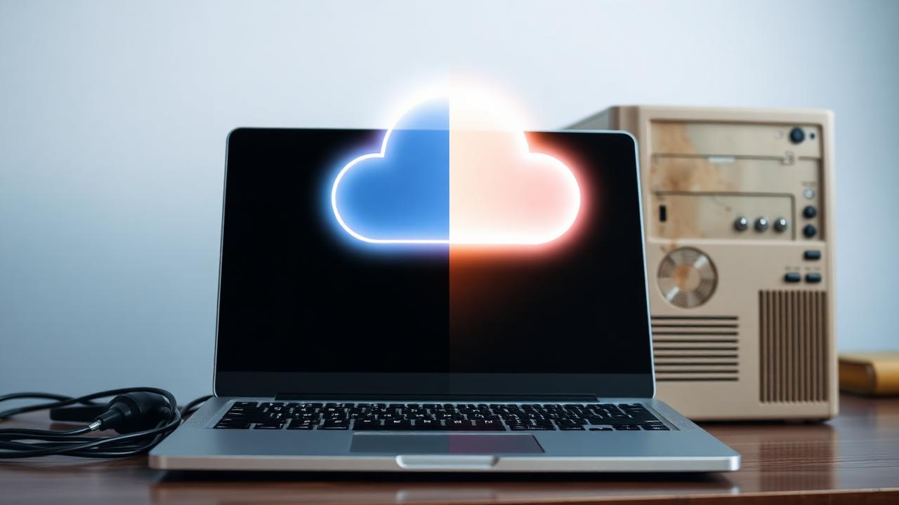 Glowing cloud icon above modern laptop screen next to dusty tower PC
