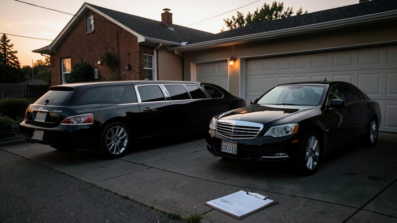 Stretch limousine and black sedan parked outside a small garage at dawn