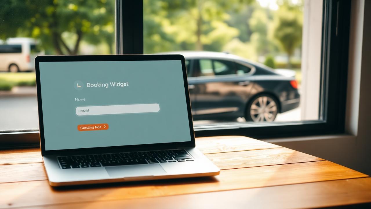 Booking widget mockup on laptop by window with chauffeur car outside